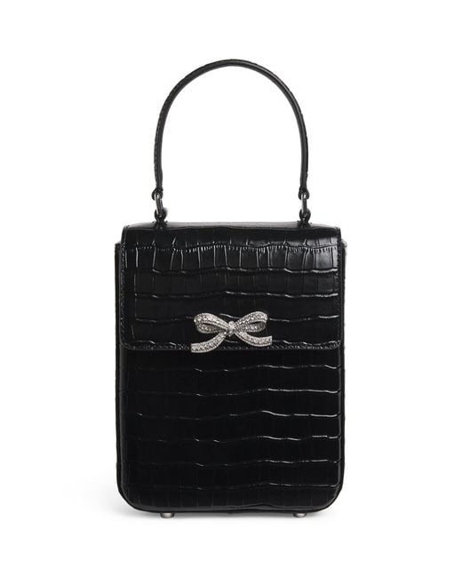 self portrait バッグ Self-Portrait Mini Croc-Embossed Leather Top-Handle Bag in Black