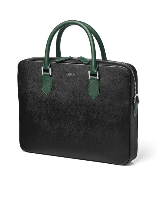 Aspinal Black Slim Leather Shield Briefcase for men