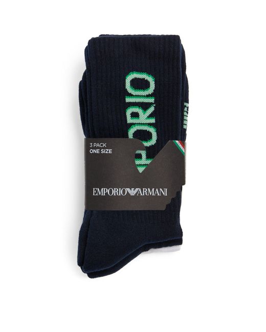 Emporio Armani Blue Cotton-blend Logo Socks (pack Of 3) for men