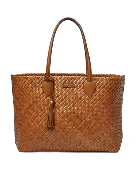 Aspinal Brown Large Woven Leather London Tote Bag