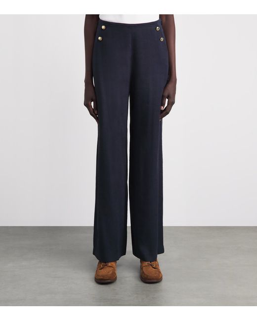 Maje Blue Linen-Blend Wide-Leg Trousers