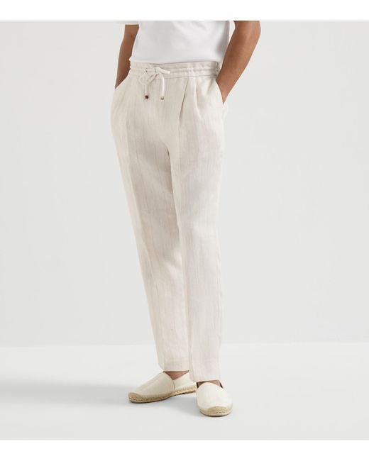 Brunello Cucinelli White Linen Drawstring Trousers for men