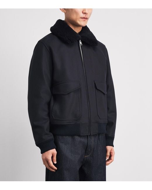 Sandro Black Wool-Blend Shearling Collar Aviator Jacket for men