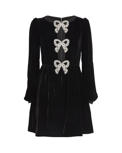Saloni Black Velvet Embellished Camille Bows Mini Dress