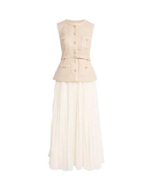Self-Portrait White Sequin Bouclé Chiffon Midi Dress
