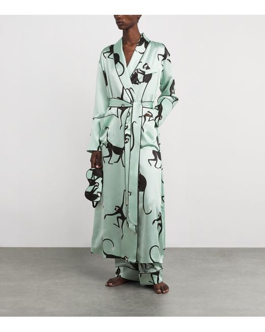 Olivia Von Halle Green Silk Monkey Print Capability Robe