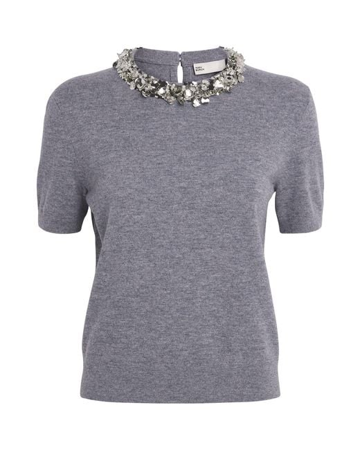 Tory Burch Gray Wool-Cashmere Embellished Sweater