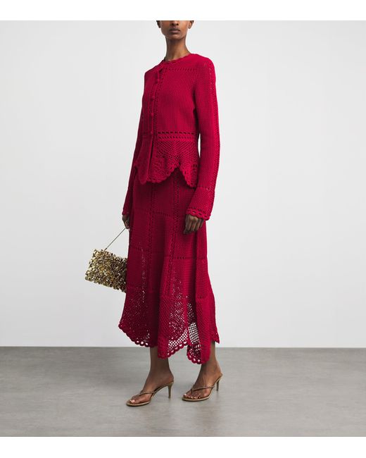 Erdem Red Cotton Crochet Peplum Cardigan