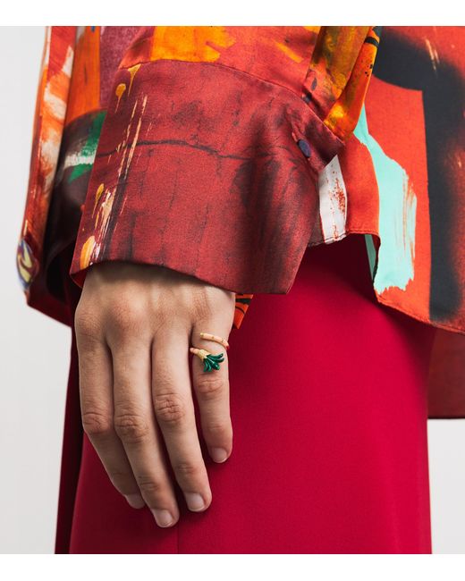 L'Atelier Nawbar Metallic Diamond, Malachite And Coral On A Vine Psychedeliah Ring