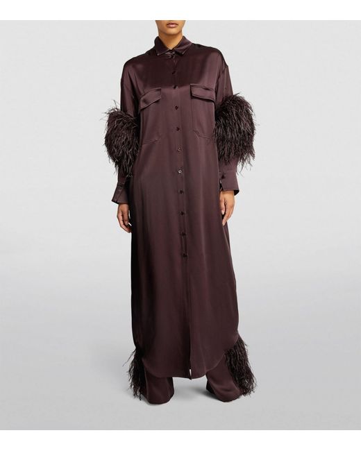 LAPOINTE Brown Satin Feather-trim Shirt Dress