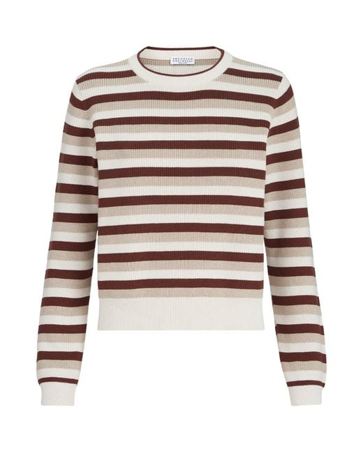 Brunello Cucinelli White Cotton Stripe Sweater