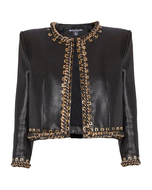 Balmain Women's Black Leather Chain-Detail Jacket