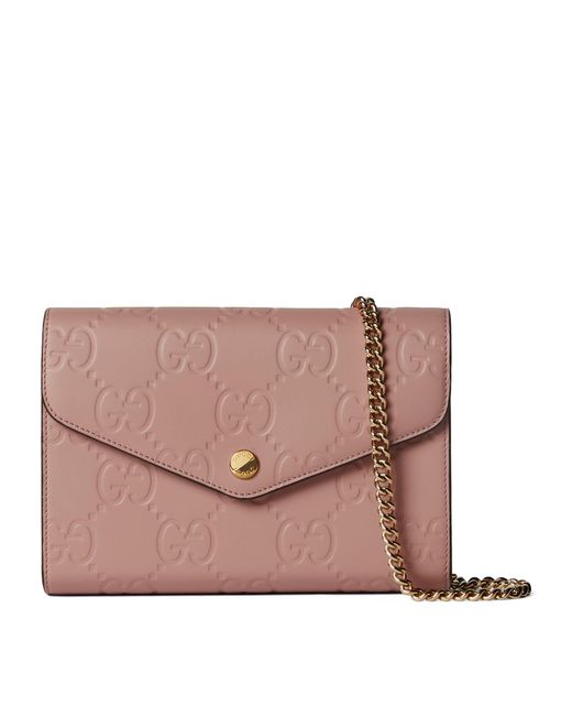 Gucci Pink Leather Gg Chain Wallet