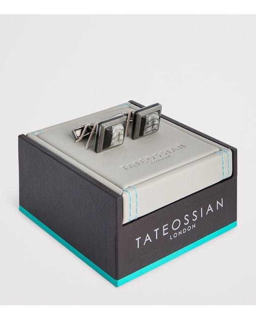 Tateossian Gray Square Engraved Enamel Cufflinks for men