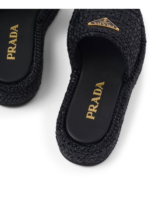 Prada Black Crocheted Raffia-effect Flatform Slides