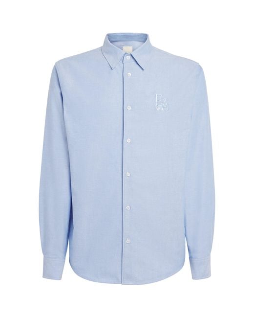 Emporio Armani Blue Cotton Logo Button-Up Shirt for men