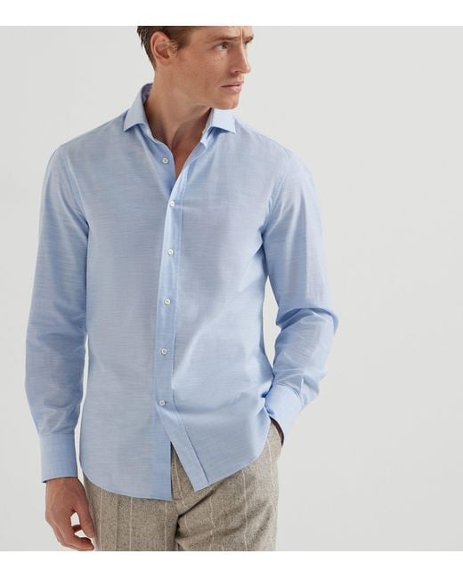 Brunello Cucinelli Blue Cotton Oxford Shirt for men