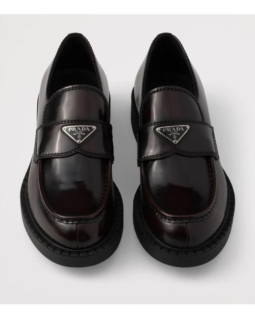 Prada Black Leather Brushed Triangle Loafers for men