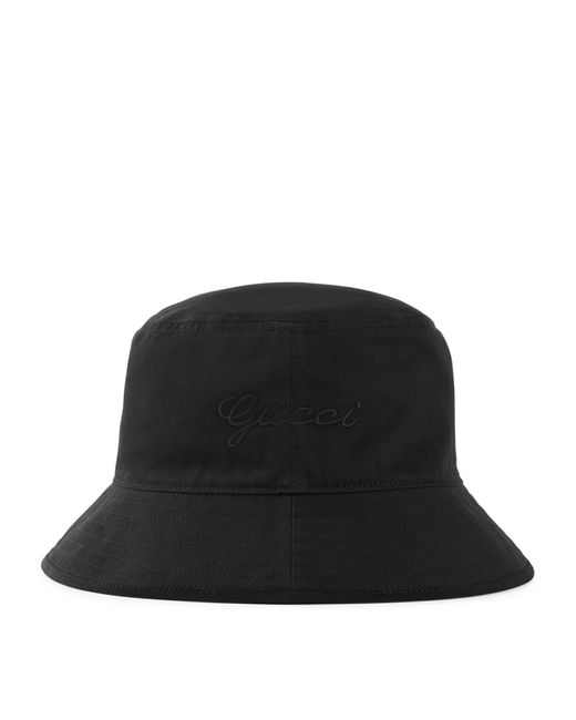 Gucci Black Cotton Embroidered Logo Bucket Hat for men