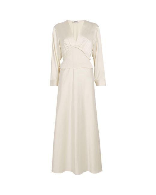 Sandro White Satin Smocked A-Line Midi Dress