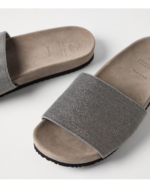 Brunello Cucinelli White Suede Embellished Slides