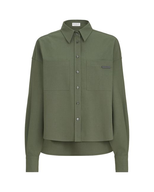 Brunello Cucinelli Green Virgin Wool-Blend Monili-Tab Shirt