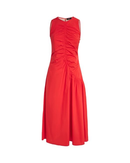 Theory Red Asymmetric Ruched Midi Dress