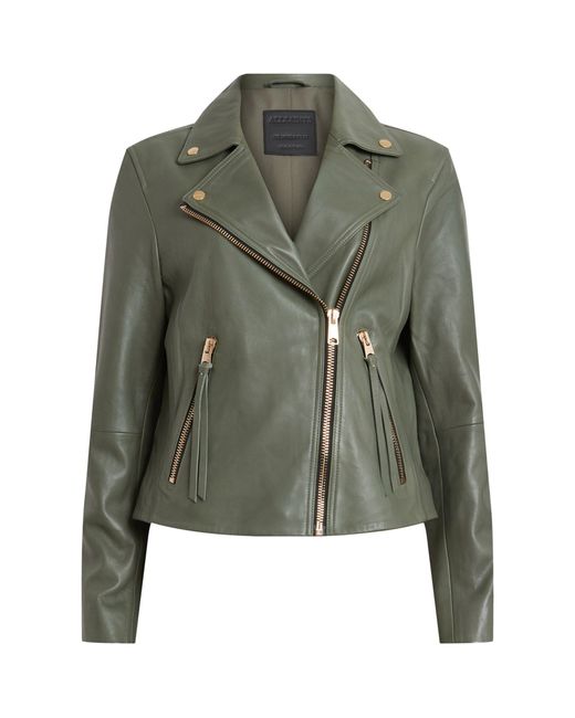 AllSaints Green Leather Dalby Biker Jacket