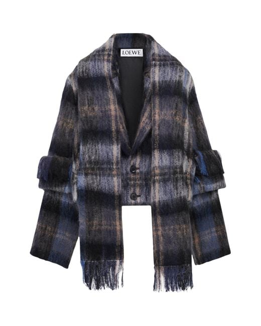Loewe Mohair-Wool Scarf-Detail Check Coat in Blue | Lyst