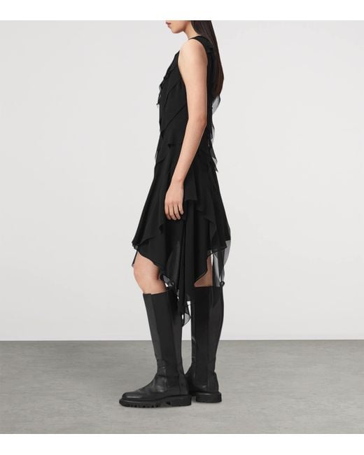 AllSaints Black Ruffled Asymmetric Angie Midi Dress