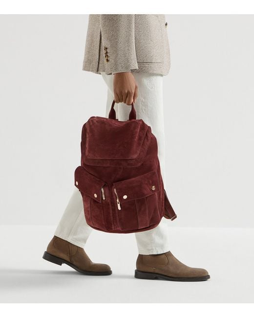 Brunello Cucinelli Red Suede Double-Pocket City Backpack for men