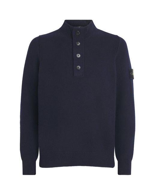 Stone Island Blue Wool-Blend Button-Up Sweater for men