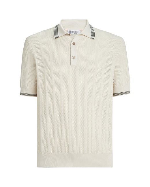 Brunello Cucinelli White Cotton Rib-Knit Polo Shirt for men