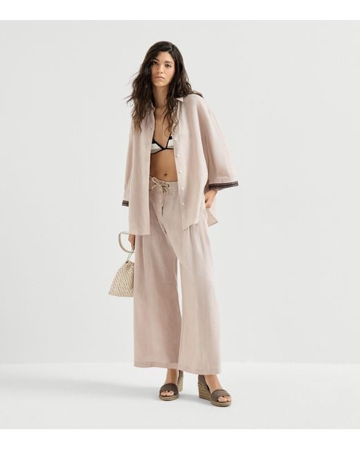 Brunello Cucinelli Natural Linen Drawstring Wide-Leg Trousers