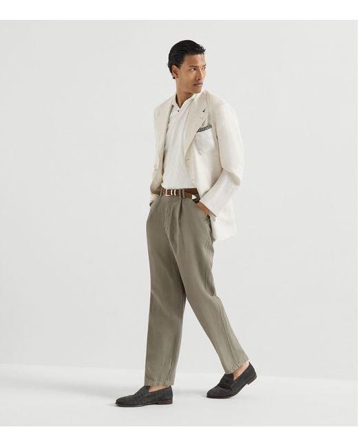 Brunello Cucinelli White Cotton Diamond-Knit Johnny Collar Polo Shirt for men