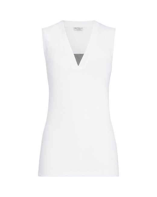 Brunello Cucinelli White Embellished Stretch-Cotton T-Shirt