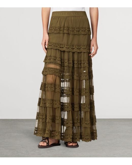 AllSaints Green Lace Tiered Maggie Maxi Skirt