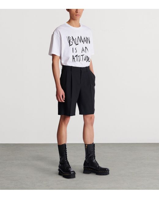 Balmain Black Virgin Wool Pleated Shorts for men