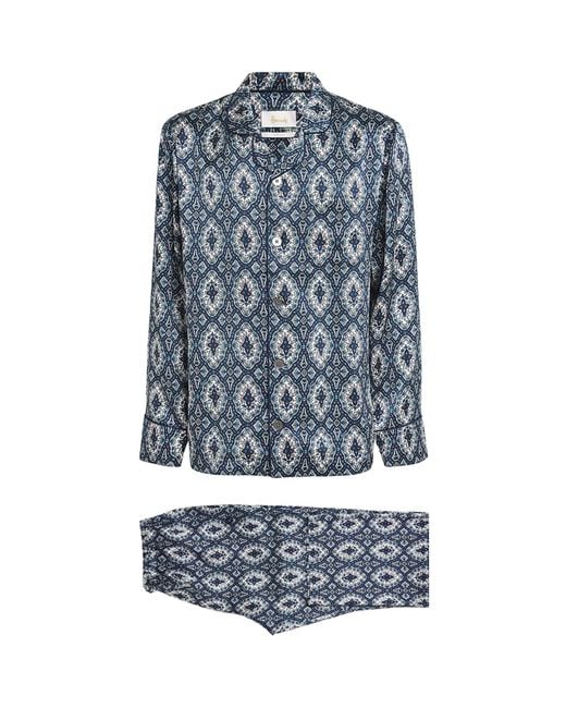 Harrods Blue Silk Geometric Tile Print Pyjama Set for men