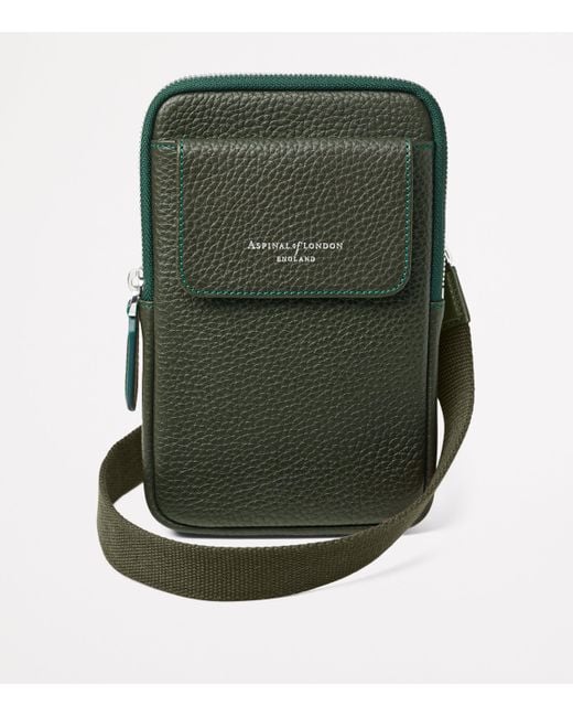 Aspinal Green Leather Reporter Crossbody Phone Pouch for men