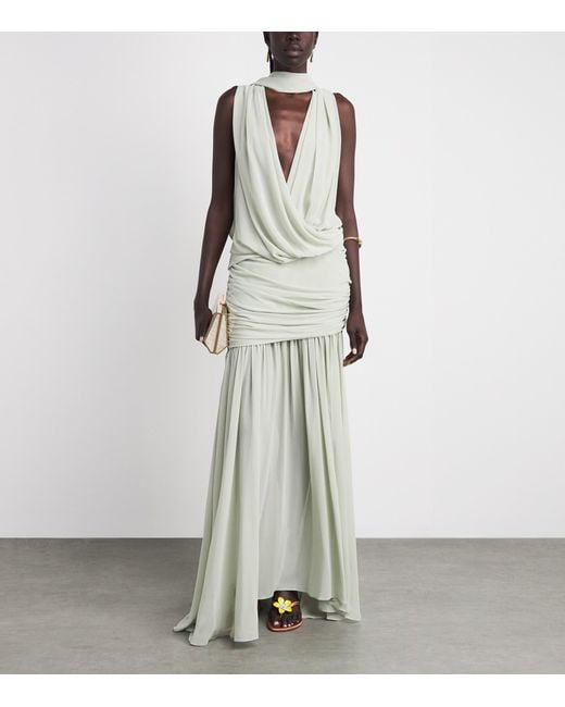 De La Vali White Chiffon Azul Maxi Dress