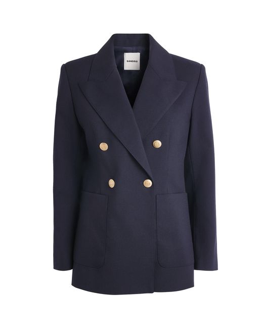 Sandro Blue Virgin Wool-Cotton Double-Breasted Slim Blazer