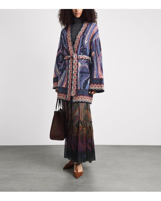 Etro Blue Paisley Waist-Belt Cardigan