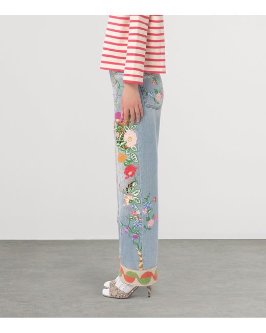 Valentino Blue Floral-Embroidered Jeans