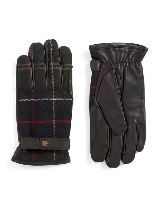 Barbour Black Leather-Wool Newbrough Tartan Gloves for men