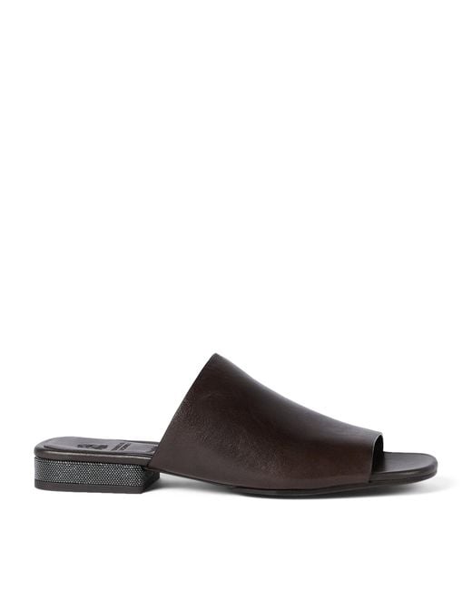 Brunello Cucinelli Brown Leather Monili-Trim Slippers