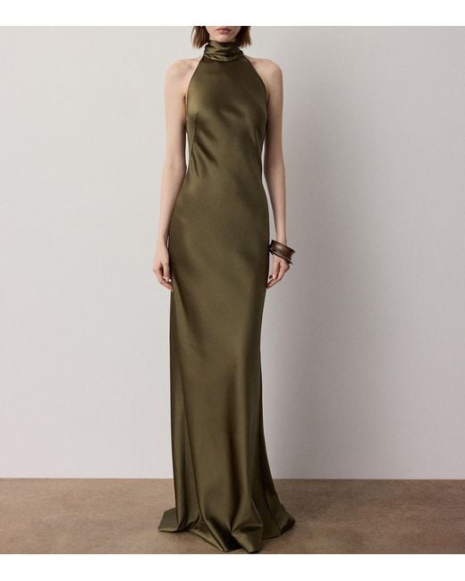 Ralph Lauren Green Chilton Stretch Satin Halter Evening Dress