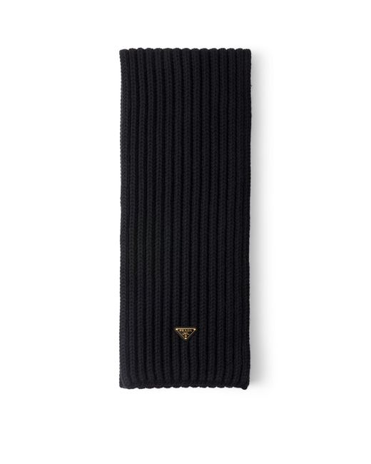 Prada Black Virgin Wool Logo Scarf