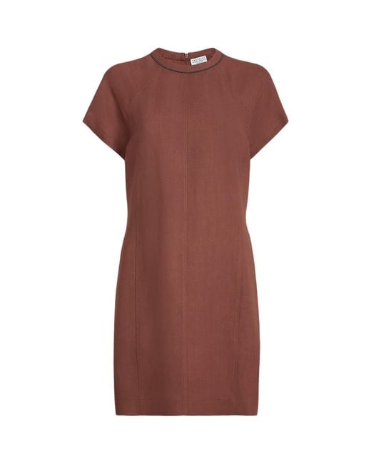 Brunello Cucinelli Brown Twill Monili-Detail Mini Dress