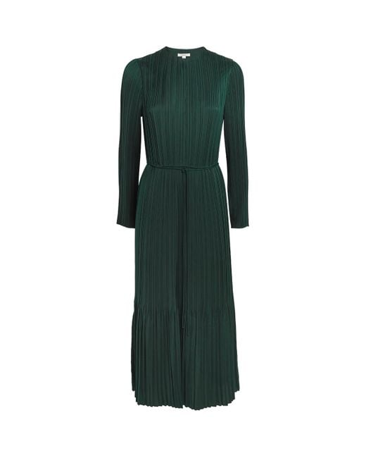 Vince Satin Belted Pleated Midi Dress in Green | Lyst